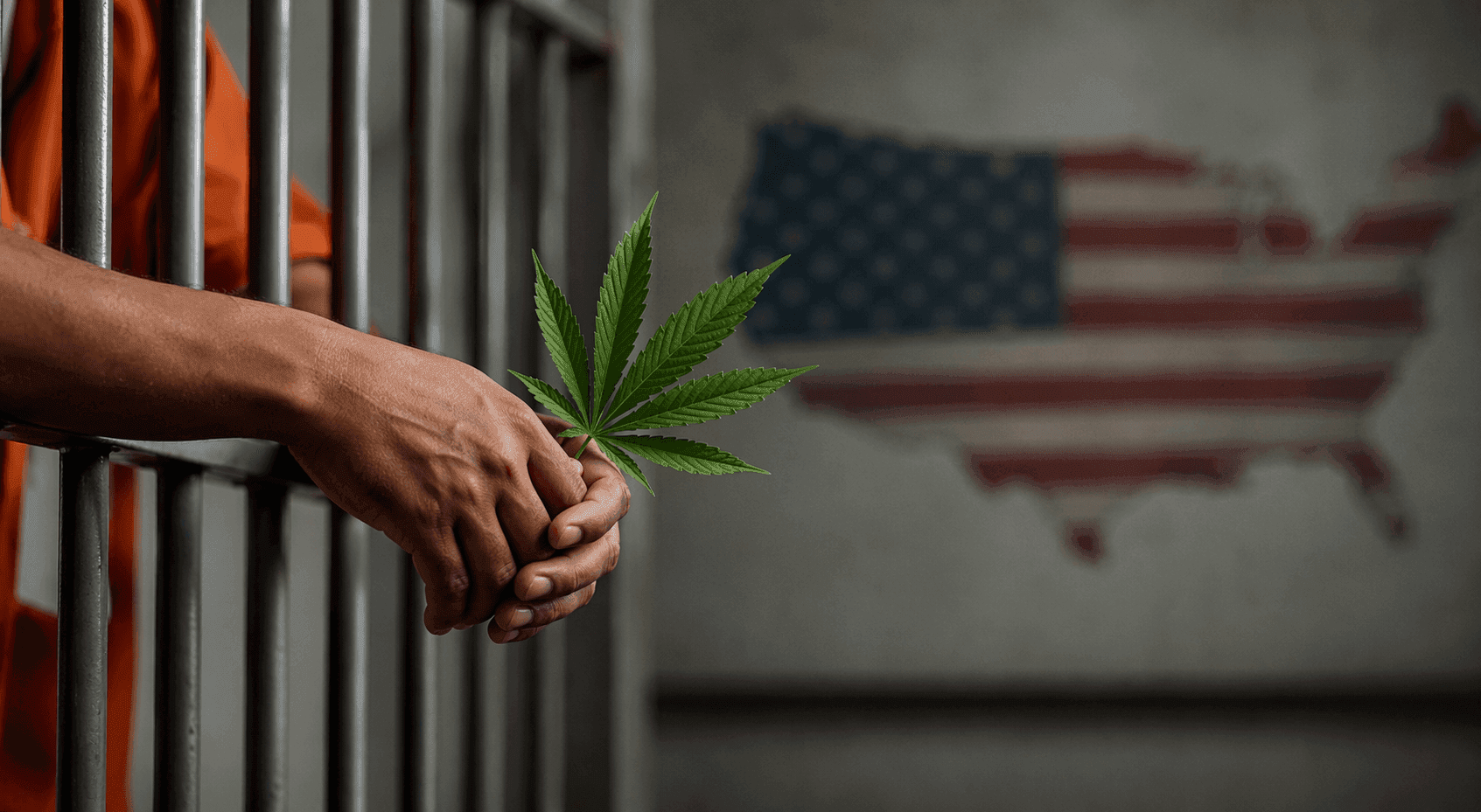 Mãos segurando folha de cannabis entre grades de prisão com bandeira dos Estados Unidos ao fundo