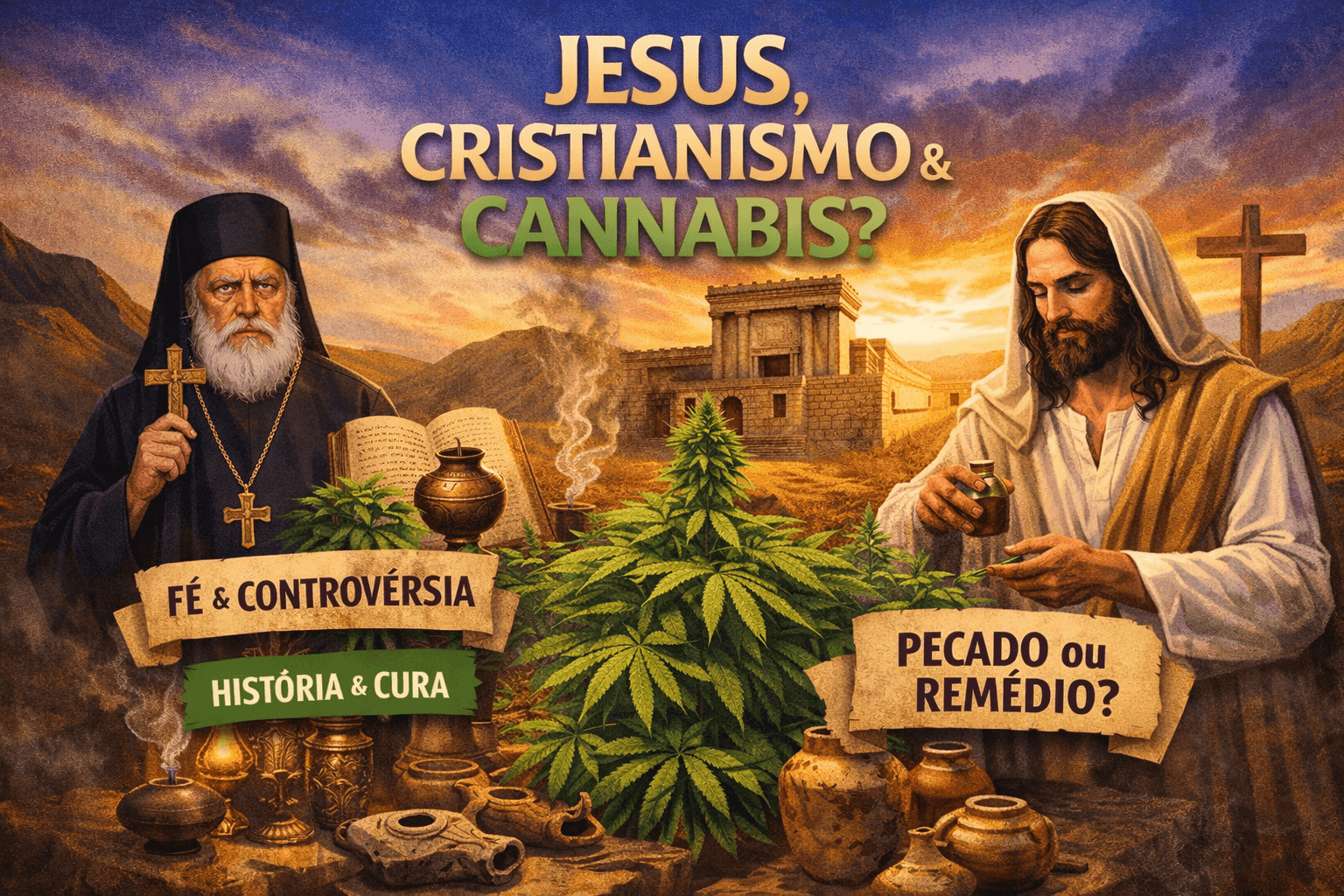 Ilustração horizontal mostra Jesus Cristo e um padre ortodoxo ao lado de uma planta de cannabis, com elementos religiosos como cruz, templo antigo e objetos rituais ao fundo, representando o debate entre fé, história e uso da cannabis.